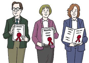 Drei Menschen mit Zertifikaten